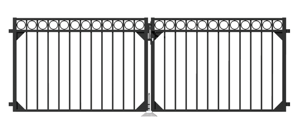 Double gate Circle, Material: Aluminium, Surface: black matt powder-coated, for setting in concrete, Type: divided in the middle, Nominal width: 3000 mm, Clear width: 3010 mm, Frame width gate leaf: 1435 mm, Frame width second gate leaf: 1435 mm, Height: 1000 mm
