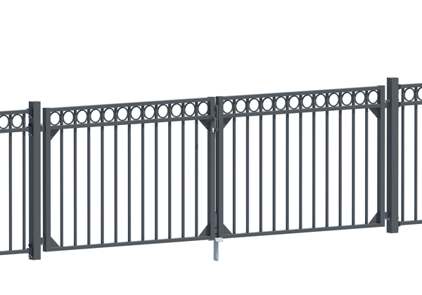 Double gate Circle, Material: Aluminium, Surface: black matt powder-coated, for setting in concrete, Type: divided in the middle, Nominal width: 3000 mm, Clear width: 3010 mm, Frame width gate leaf: 1435 mm, Frame width second gate leaf: 1435 mm, Height: 1200 mm