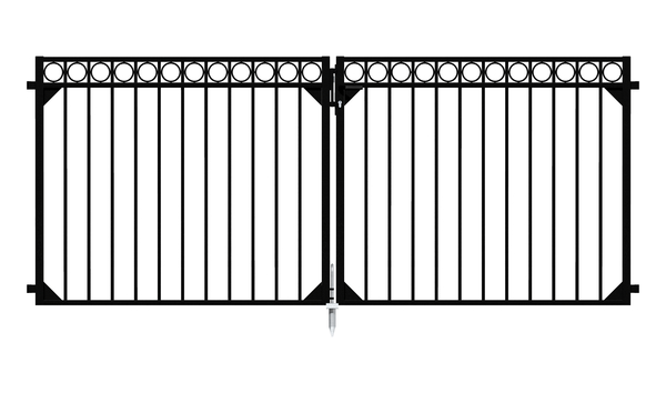 Double gate Circle, Material: Aluminium, Surface: black matt powder-coated, for setting in concrete, Type: divided in the middle, Nominal width: 3000 mm, Clear width: 3010 mm, Frame width gate leaf: 1435 mm, Frame width second gate leaf: 1435 mm, Height: 1200 mm