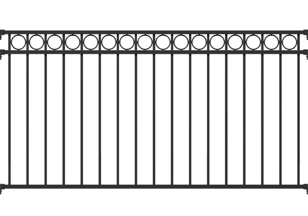 Zaunfeld Circle, Material: Aluminium, Oberfläche: matt schwarz kunststoffbeschichtet, lichte Breite: 2000 mm, Höhe: 1000 mm, Traverse: 38 x 25 mm, Füllstab: 16 x 16 mm