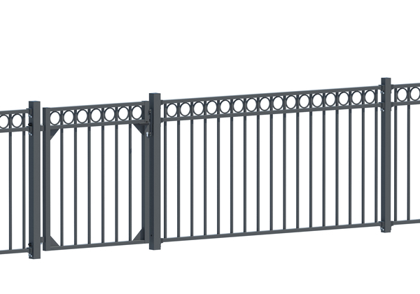 Fence panel Circle, Material: Aluminium, Surface: black matt powder-coated, Clear width: 2000 mm, Height: 1200 mm, Traverse: 38 x 25 mm, Filling bar: 16 x 16 mm