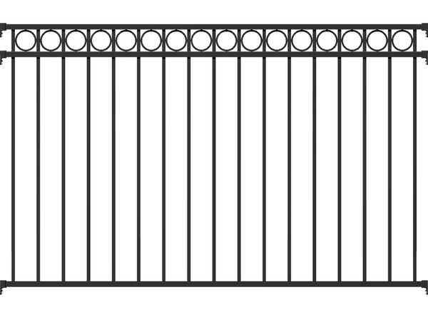 Zaunfeld Circle, Material: Aluminium, Oberfläche: matt schwarz kunststoffbeschichtet, lichte Breite: 2000 mm, Höhe: 1200 mm, Traverse: 38 x 25 mm, Füllstab: 16 x 16 mm