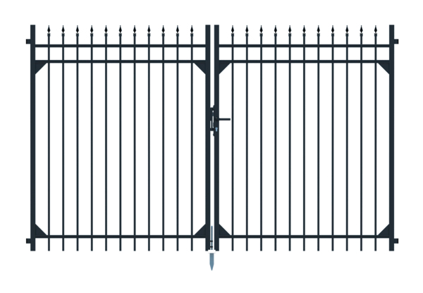 Double gate Columbus, Material: Aluminium, Surface: black matt powder-coated, for setting in concrete, Type: divided in the middle, Nominal width: 3000 mm, Clear width: 3010 mm, Frame width gate leaf: 1435 mm, Frame width second gate leaf: 1435 mm, Height: 1800 mm