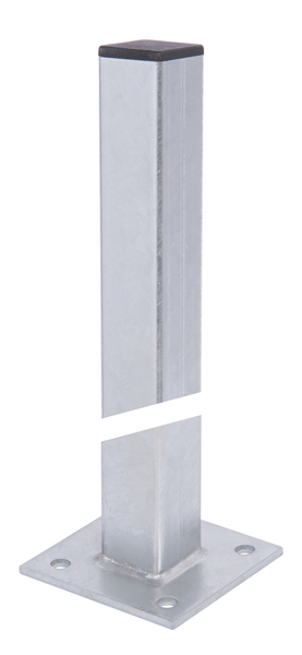 Fence post Madrid, Material: raw steel, Surface: hot-dip galvanised passivated, for screwing on, Length: 549 mm, Post gound plate: 100 x 100 mm, Panel height: 495 mm, Post thickness: 40 x 40 mm, Distance from middle to middle of hole: 70 mm, No. of holes: 4, Hole: Ø11 mm, 15-year warranty against rusting through