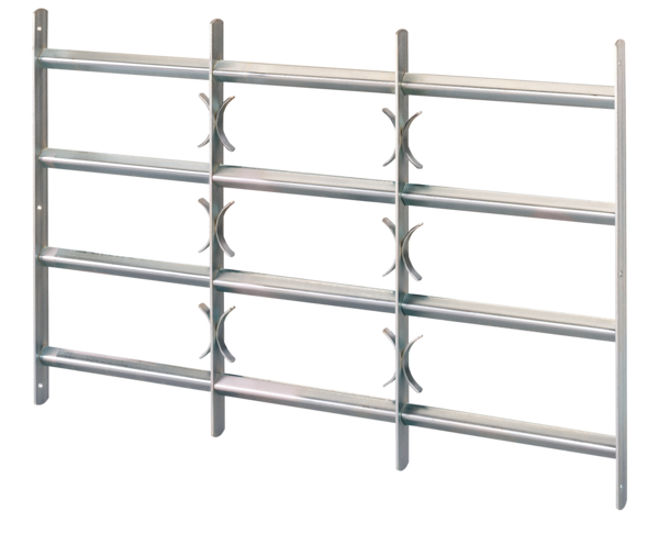 Window grille Amsterdam, for fixing in window reveal, extending grille with decorative elements, Material: raw steel, Surface: blue galvanised, Min. width: 1000 mm, Max. width: 1500 mm, Total height: 600 mm, No. of traverses: 4, 15-year warranty against rusting through