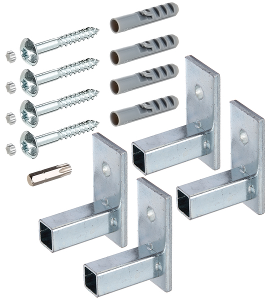 Befestigungs-Set Fenstergitter, in der Fensterlaibung, Material: Stahl roh, Oberfläche: galvanisch blau verzinkt, Inhalt pro PE: 4 Set, Aufnahme: 12 x 12 mm, 15 Jahre Garantie gegen Durchrosten, SB-verpackt