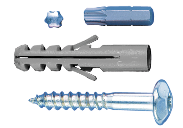 Screw set, for the fixation of window grilles, Material: raw steel, Surface: galvanised, Contents per PU: 4 Piece, Length: 50 mm, Diameter: 7 mm, 15-year warranty against rusting through, Retail packaged