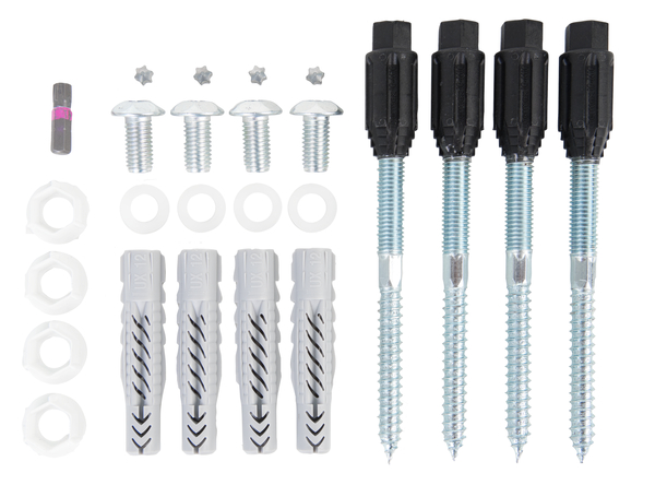 Screw set, for the fixation window grilles on facades, Material: raw steel, Surface: galvanised, Contents per PU: 4 Set, Type: 10/100/M8, 15-year warranty against rusting through, Retail packaged