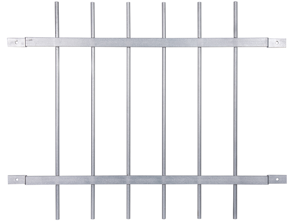 Window grille Friedberg, for mounting on the outside wall, Material: raw steel, Surface: hot-dip galvanised, mounting on the wall, Length of plate: 60 mm, Total width: 940 mm, Total height: 740 mm, Traverse: 30 x 4 mm, Hole: Ø9 mm, 15-year warranty against rusting through