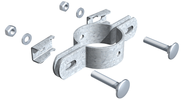 Double ring clip, for fixing fence panels to posts, Material: raw steel, Surface: hot-dip galvanised, For posts-Ø: 34 mm, Screw: M6, Screw length: 25 mm, 15-year warranty against rusting through