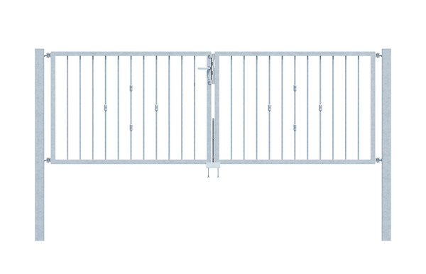 Double gate Basic II in customised dimensions, Material: raw steel, Surface: hot-dip galvanised passivated, for setting in concrete, Clear width: 2000 - 2500 mm, Height: 400 - 1400 mm, Post thickness: 60 x 60 mm, Frame thickness: 40 x 40 mm, Filler material Ø: 12 mm, 15-year warranty against rusting through