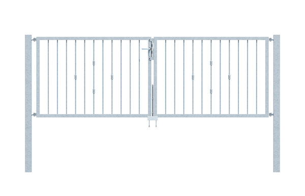 Doppeltor Basic II in Sondermaßen, Material: Stahl roh, Oberfläche: feuerverzinkt passiviert, zum Einbetonieren, lichte Breite: 2501 - 4000 mm, Höhe: 400 - 1400 mm, Pfostenstärke: 80 x 80 mm, Rahmenstärke: 40 x 40 mm, Material Füllung-Ø: 12 mm, 15 Jahre Garantie gegen Durchrosten