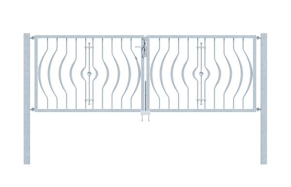 Double gate Frankfurt in customised dimensions, Material: raw steel, Surface: hot-dip galvanised passivated, for setting in concrete, Clear width: 2501 - 4000 mm, Height: 880 - 1160 mm, Post thickness: 80 x 80 mm, Frame thickness: 40 x 40 mm, Filler material Ø: 16 mm, 15-year warranty against rusting through
