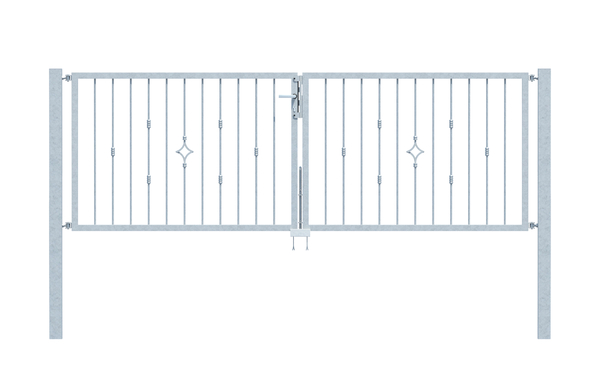 Double gate Hamburg in customised dimensions, Material: raw steel, Surface: hot-dip galvanised passivated, for setting in concrete, Clear width: 2000 - 2500 mm, Height: 400 - 1000 mm, Post thickness: 60 x 60 mm, Frame thickness: 40 x 40 mm, Filler material Ø: 12 mm, 15-year warranty against rusting through