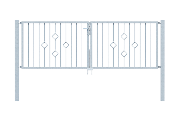 Double gate Köln in customised dimensions, Material: raw steel, Surface: hot-dip galvanised passivated, for setting in concrete, Clear width: 2000 - 2500 mm, Height: 610 - 1000 mm, Post thickness: 60 x 60 mm, Frame thickness: 40 x 40 mm, Filler material Ø: 12 mm, 15-year warranty against rusting through