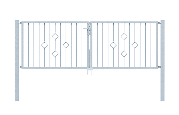 Double gate Köln in customised dimensions, Material: raw steel, Surface: hot-dip galvanised passivated, for setting in concrete, Clear width: 2501 - 4000 mm, Height: 610 - 1000 mm, Post thickness: 80 x 80 mm, Frame thickness: 40 x 40 mm, Filler material Ø: 12 mm, 15-year warranty against rusting through