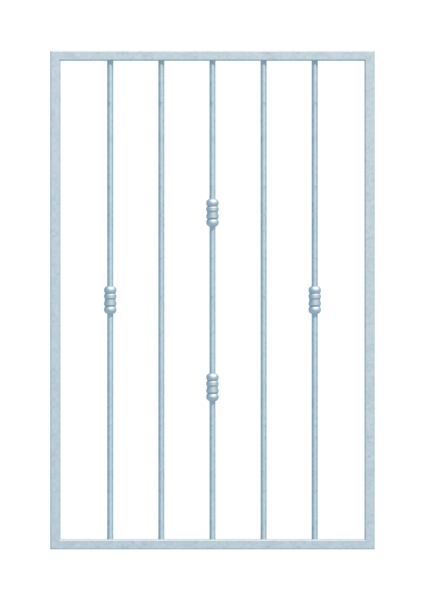 Fenstergitter Basic II in Sondermaßen, zur Befestigung in der Fensterlaibung oder auf der Außenwand, Material: Stahl roh, Oberfläche: feuerverzinkt passiviert, Befestigung auf der Wand, Laibungsbreite: 571 - 945 mm, Laibungshöhe: 400 - 800 mm, Rahmenbreite: 651 - 1025 mm, Rahmenhöhe: 400 - 800 mm, Rahmenstärke: 20 x 20 mm, Material Füllung-Ø: 12 mm, Anzahl Befestigungspunkte: 4, Traverse: ohne, 15 Jahre Garantie gegen Durchrosten