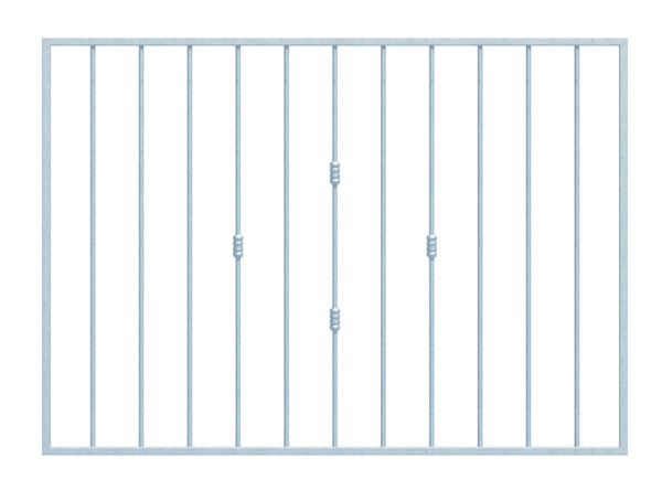Window grille Basic II in customised dimensions, for mounting in the window reveal or on the outside wall, Material: raw steel, Surface: hot-dip galvanised passivated, mounting on the wall, reveal width: 1321 - 1820 mm, reveal height: 400 - 800 mm, Frame width: 1401 - 1900 mm, Frame height: 400 - 800 mm, Frame thickness: 20 x 20 mm, Filler material Ø: 12 mm, Number of attachment points: 4, Traverse: without, 15-year warranty against rusting through