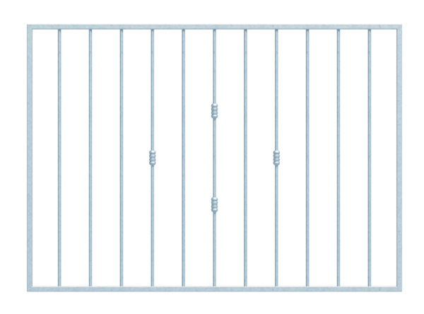 Fenstergitter Basic II in Sondermaßen, zur Befestigung in der Fensterlaibung oder auf der Außenwand, Material: Stahl roh, Oberfläche: feuerverzinkt passiviert, Befestigung auf der Wand, Laibungsbreite: 1321 - 1820 mm, Laibungshöhe: 400 - 800 mm, Rahmenbreite: 1401 - 1900 mm, Rahmenhöhe: 400 - 800 mm, Rahmenstärke: 20 x 20 mm, Material Füllung-Ø: 12 mm, Anzahl Befestigungspunkte: 4, Traverse: ohne, 15 Jahre Garantie gegen Durchrosten