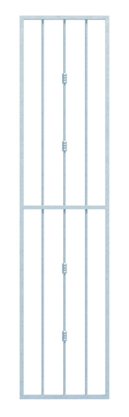 Fenstergitter Basic II in Sondermaßen, zur Befestigung in der Fensterlaibung oder auf der Außenwand, Material: Stahl roh, Oberfläche: feuerverzinkt passiviert, Befestigung auf der Wand, Laibungsbreite: 320 - 570 mm, Laibungshöhe: 1401 - 2000 mm, Rahmenbreite: 400 - 650 mm, Rahmenhöhe: 1401 - 2000 mm, Rahmenstärke: 30 x 20 mm, Material Füllung-Ø: 12 mm, Anzahl Befestigungspunkte: 8, Traverse: mit, 15 Jahre Garantie gegen Durchrosten