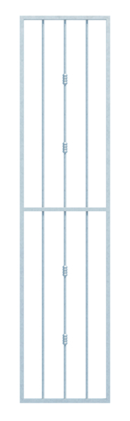 Inferriata Basic II a misura, per il fissaggio nell'intradosso della finestra o al muro, Materiale: acciaio grezzo, superficie: zincata a fuoco, passivata, fissaggio al muro, Larghezza netta: 320 - 570 mm, Altezza: 1401 - 2000 mm, Larghezza del telaio: 400 - 650 mm, Altezza del telaio: 1401 - 2000 mm, Spessore telaio: 30 x 20 mm, Materiale barre interne-Ø: 12 mm, Numero di punti di fissaggio: 8, Barra trasversale: con, 15 anni di garanzia contro la formazione di ruggine