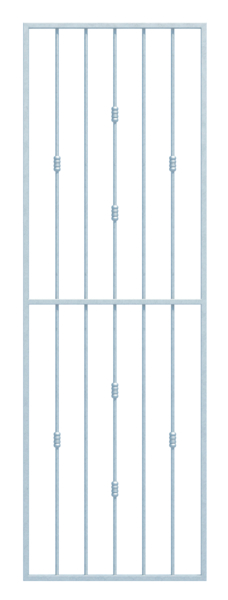 Inferriata Basic II a misura, per il fissaggio nell'intradosso della finestra o al muro, Materiale: acciaio grezzo, superficie: zincata a fuoco, passivata, fissaggio al muro, Larghezza netta: 571 - 945 mm, Altezza: 1401 - 2000 mm, Larghezza del telaio: 651 - 1025 mm, Altezza del telaio: 1401 - 2000 mm, Spessore telaio: 30 x 20 mm, Materiale barre interne-Ø: 12 mm, Numero di punti di fissaggio: 8, Barra trasversale: con, 15 anni di garanzia contro la formazione di ruggine