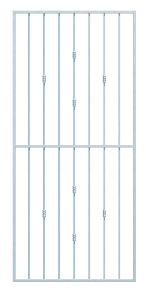 Fenstergitter Basic II in Sondermaßen, zur Befestigung in der Fensterlaibung oder auf der Außenwand, Material: Stahl roh, Oberfläche: feuerverzinkt passiviert, Befestigung auf der Wand, Laibungsbreite: 946 - 1320 mm, Laibungshöhe: 1401 - 2000 mm, Rahmenbreite: 1026 - 1400 mm, Rahmenhöhe: 1401 - 2000 mm, Rahmenstärke: 30 x 20 mm, Material Füllung-Ø: 12 mm, Anzahl Befestigungspunkte: 8, Traverse: mit, 15 Jahre Garantie gegen Durchrosten