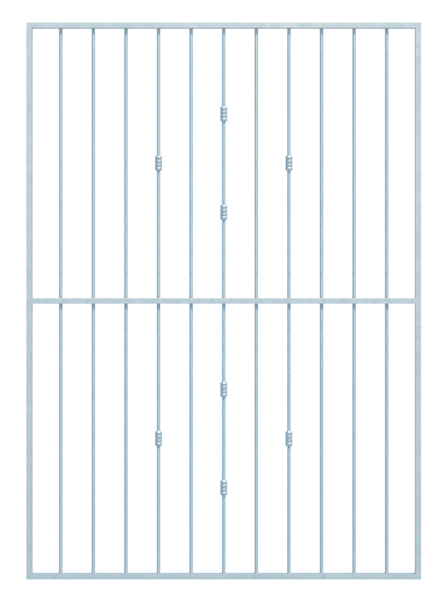 Fenstergitter Basic II in Sondermaßen, zur Befestigung in der Fensterlaibung oder auf der Außenwand, Material: Stahl roh, Oberfläche: feuerverzinkt passiviert, Befestigung auf der Wand, Laibungsbreite: 1321 - 1820 mm, Laibungshöhe: 1401 - 2000 mm, Rahmenbreite: 1401 - 1900 mm, Rahmenhöhe: 1401 - 2000 mm, Rahmenstärke: 30 x 20 mm, Material Füllung-Ø: 12 mm, Anzahl Befestigungspunkte: 8, Traverse: mit, 15 Jahre Garantie gegen Durchrosten