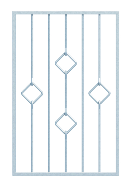 Fenstergitter Köln in Sondermaßen, zur Befestigung in der Fensterlaibung oder auf der Außenwand, Material: Stahl roh, Oberfläche: feuerverzinkt passiviert, Befestigung auf der Wand, Laibungsbreite: 571 - 945 mm, Laibungshöhe: 610 - 1000 mm, Rahmenbreite: 651 - 1025 mm, Rahmenhöhe: 610 - 1000 mm, Rahmenstärke: 20 x 20 mm, Material Füllung-Ø: 12 mm, Anzahl Befestigungspunkte: 4, Traverse: ohne, 15 Jahre Garantie gegen Durchrosten