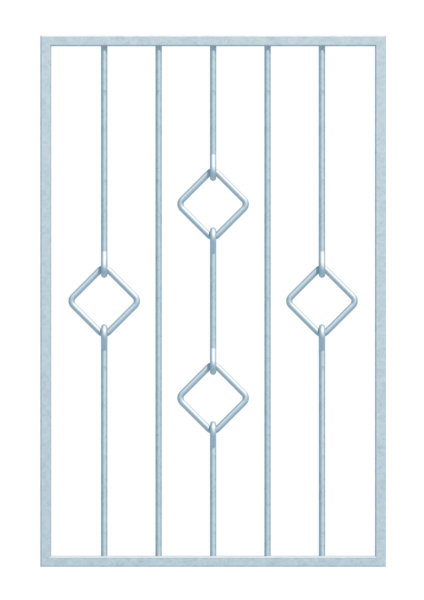Fenstergitter Köln in Sondermaßen, zur Befestigung in der Fensterlaibung oder auf der Außenwand, Material: Stahl roh, Oberfläche: feuerverzinkt passiviert, Befestigung auf der Wand, Laibungsbreite: 571 - 945 mm, Laibungshöhe: 610 - 1000 mm, Rahmenbreite: 651 - 1025 mm, Rahmenhöhe: 610 - 1000 mm, Rahmenstärke: 20 x 20 mm, Material Füllung-Ø: 12 mm, Anzahl Befestigungspunkte: 4, Traverse: ohne, 15 Jahre Garantie gegen Durchrosten