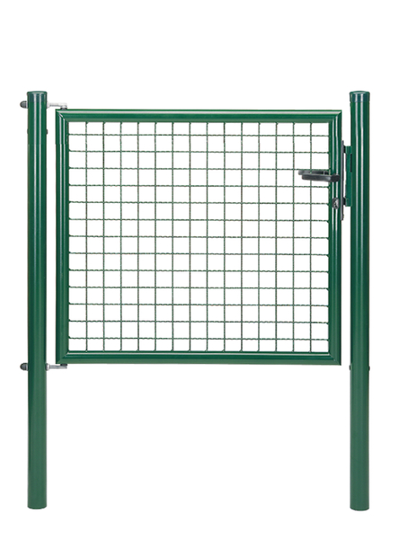 Welded mesh single gate, Material: raw steel, Surface: zinc phosphate plated, green powder-coated RAL 6005, for setting in concrete, Nominal width: 1000 mm, Clear width: 940 mm, Width from middle to middle of post: 1000 mm, Height: 750 mm, Post length: 1250 mm, Post dia.: 60 mm, Frame width: 880 mm, Frame thickness Ø: 42 mm, Filler material: 50 x 50 x 4 mm, 10-year warranty against rusting through