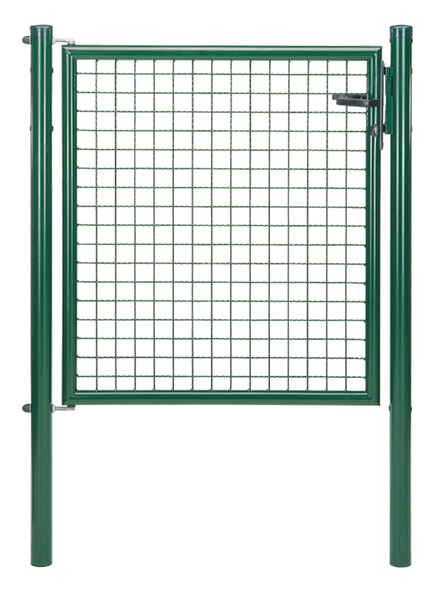 Welded mesh single gate, Material: raw steel, Surface: zinc phosphate plated, green powder-coated RAL 6005, for setting in concrete, Nominal width: 1000 mm, Clear width: 940 mm, Width from middle to middle of post: 1000 mm, Height: 1000 mm, Post length: 1500 mm, Post dia.: 60 mm, Frame width: 880 mm, Frame thickness Ø: 42 mm, Filler material: 50 x 50 x 4 mm, 10-year warranty against rusting through