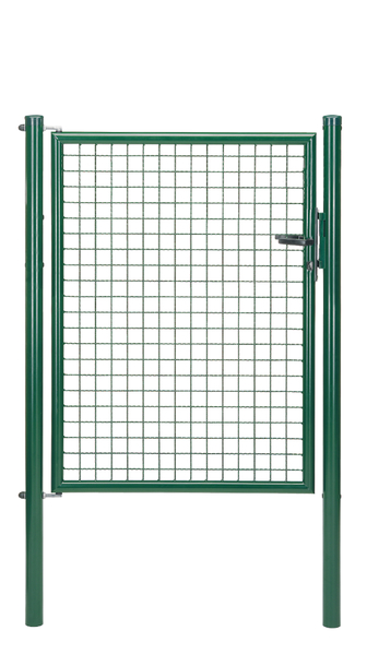 Wellengitter-Einzeltor, Material: Stahl roh, Oberfläche: verzinkt, grün kunststoffbeschichtet RAL 6005, zum Einbetonieren, Nennbreite: 1000 mm, lichte Breite: 940 mm, Breite von Mitte zu Mitte Pfosten: 1000 mm, Höhe: 1250 mm, Pfostenlänge: 1750 mm, Pfosten-Ø: 60 mm, Rahmenbreite: 880 mm, Rahmenstärke-Ø: 42 mm, Material Füllung: 50 x 50 x 4 mm, 15 Jahre Garantie gegen Durchrosten
