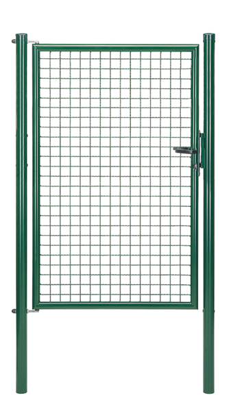 Welded mesh single gate, Material: raw steel, Surface: zinc phosphate plated, green powder-coated RAL 6005, for setting in concrete, Nominal width: 1000 mm, Clear width: 940 mm, Width from middle to middle of post: 1000 mm, Height: 1500 mm, Post length: 2000 mm, Post dia.: 60 mm, Frame width: 880 mm, Frame thickness Ø: 42 mm, Filler material: 50 x 50 x 4 mm, 10-year warranty against rusting through