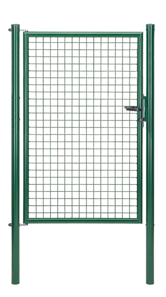 Wellengitter-Einzeltor, Material: Stahl roh, Oberfläche: verzinkt, grün kunststoffbeschichtet RAL 6005, zum Einbetonieren, Nennbreite: 1000 mm, lichte Breite: 940 mm, Breite von Mitte zu Mitte Pfosten: 1000 mm, Höhe: 1500 mm, Pfostenlänge: 2000 mm, Pfosten-Ø: 60 mm, Rahmenbreite: 880 mm, Rahmenstärke-Ø: 42 mm, Material Füllung: 50 x 50 x 4 mm, 15 Jahre Garantie gegen Durchrosten