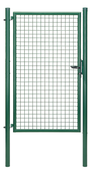 Welded mesh single gate, Material: raw steel, Surface: zinc phosphate plated, green powder-coated RAL 6005, for setting in concrete, Nominal width: 1000 mm, Clear width: 960 mm, Width from middle to middle of post: 1020 mm, Height: 1750 mm, Post length: 2250 mm, Post dia.: 60 mm, Frame width: 880 mm, Frame thickness Ø: 42 mm, Filler material: 50 x 50 x 4 mm, 10-year warranty against rusting through