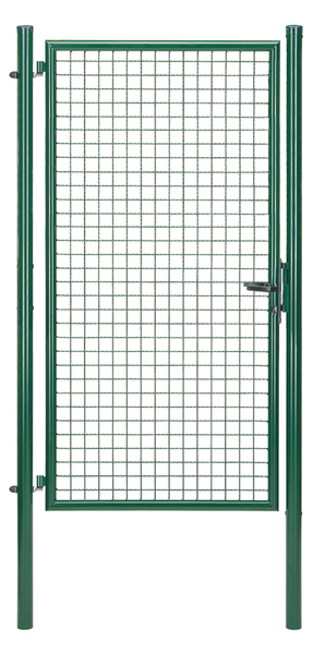 Welded mesh single gate, Material: raw steel, Surface: zinc phosphate plated, green powder-coated RAL 6005, for setting in concrete, Nominal width: 1000 mm, Clear width: 960 mm, Width from middle to middle of post: 1020 mm, Height: 2000 mm, Post length: 2500 mm, Post dia.: 60 mm, Frame width: 880 mm, Frame thickness Ø: 42 mm, Filler material: 50 x 50 x 4 mm, 10-year warranty against rusting through
