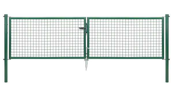 Welded mesh double gate, Material: raw steel, Surface: zinc phosphate plated, green powder-coated RAL 6005, for setting in concrete, Type: divided in the middle, Nominal width: 3000 mm, Clear width: 2928 mm, Frame width gate leaf: 1419 mm, Frame width second gate leaf: 1419 mm, Width from middle to middle of post: 2988 mm, Height: 750 mm, Post length: 1250 mm, Post dia.: 60 mm, Frame thickness Ø: 42 mm, Filler material: 50 x 50 x 4 mm, 10-year warranty against rusting through