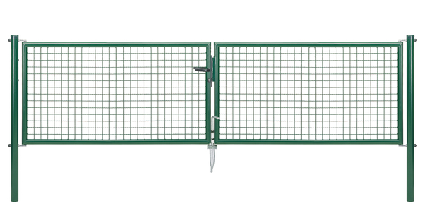 Wellengitter-Doppeltor, Material: Stahl roh, Oberfläche: verzinkt, grün kunststoffbeschichtet RAL 6005, zum Einbetonieren, Ausführung: mittig geteilt, Nennbreite: 3000 mm, lichte Breite: 2928 mm, Rahmenbreite Schließflügel: 1419 mm, Rahmenbreite Zweitflügel: 1419 mm, Breite von Mitte zu Mitte Pfosten: 2988 mm, Höhe: 750 mm, Pfostenlänge: 1250 mm, Pfosten-Ø: 60 mm, Rahmenstärke-Ø: 42 mm, Material Füllung: 50 x 50 x 4 mm, 15 Jahre Garantie gegen Durchrosten