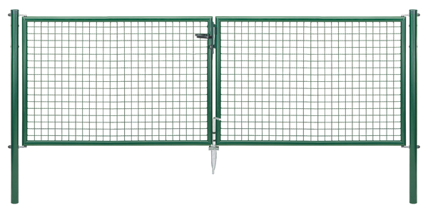 Welded mesh double gate, Material: raw steel, Surface: zinc phosphate plated, green powder-coated RAL 6005, for setting in concrete, Type: divided in the middle, Nominal width: 3000 mm, Clear width: 2928 mm, Frame width gate leaf: 1419 mm, Frame width second gate leaf: 1419 mm, Width from middle to middle of post: 2988 mm, Height: 1000 mm, Post length: 1500 mm, Post dia.: 60 mm, Frame thickness Ø: 42 mm, Filler material: 50 x 50 x 4 mm, 10-year warranty against rusting through