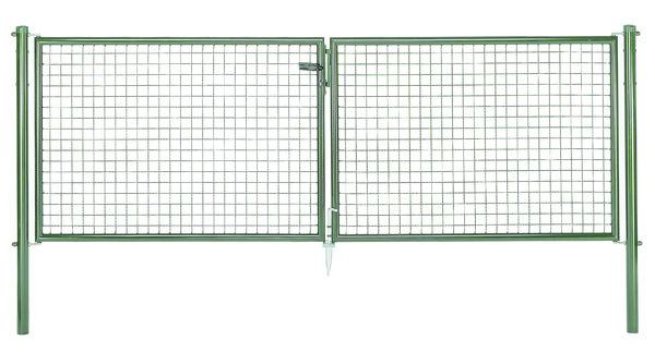 Wellengitter-Doppeltor, Material: Stahl roh, Oberfläche: verzinkt, grün kunststoffbeschichtet RAL 6005, zum Einbetonieren, Ausführung: mittig geteilt, Nennbreite: 3000 mm, lichte Breite: 2928 mm, Rahmenbreite Schließflügel: 1419 mm, Rahmenbreite Zweitflügel: 1419 mm, Breite von Mitte zu Mitte Pfosten: 2988 mm, Höhe: 1000 mm, Pfostenlänge: 1500 mm, Pfosten-Ø: 60 mm, Rahmenstärke-Ø: 42 mm, Material Füllung: 50 x 50 x 4 mm, 15 Jahre Garantie gegen Durchrosten
