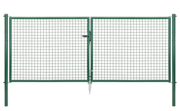 Welded mesh double gate, Material: raw steel, Surface: zinc phosphate plated, green powder-coated RAL 6005, for setting in concrete, Type: divided in the middle, Nominal width: 3000 mm, Clear width: 2928 mm, Frame width gate leaf: 1419 mm, Frame width second gate leaf: 1419 mm, Width from middle to middle of post: 2988 mm, Height: 1250 mm, Post length: 1750 mm, Post dia.: 60 mm, Frame thickness Ø: 42 mm, Filler material: 50 x 50 x 4 mm, 10-year warranty against rusting through