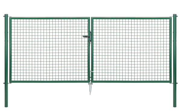 Wellengitter-Doppeltor, Material: Stahl roh, Oberfläche: zinkphosphatiert, grün kunststoffbeschichtet RAL 6005, zum Einbetonieren, Ausführung: mittig geteilt, Nennbreite: 3000 mm, lichte Breite: 2928 mm, Rahmenbreite Schließflügel: 1419 mm, Rahmenbreite Zweitflügel: 1419 mm, Breite von Mitte zu Mitte Pfosten: 2988 mm, Höhe: 1250 mm, Pfostenlänge: 1750 mm, Pfosten-Ø: 60 mm, Rahmenstärke-Ø: 42 mm, Material Füllung: 50 x 50 x 4 mm, 10 Jahre Garantie gegen Durchrosten