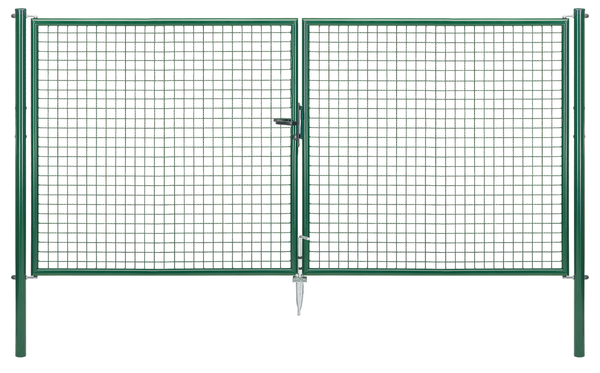 Welded mesh double gate, Material: raw steel, Surface: zinc phosphate plated, green powder-coated RAL 6005, for setting in concrete, Type: divided in the middle, Nominal width: 3000 mm, Clear width: 2928 mm, Frame width gate leaf: 1419 mm, Frame width second gate leaf: 1419 mm, Width from middle to middle of post: 2988 mm, Height: 1500 mm, Post length: 2000 mm, Post dia.: 60 mm, Frame thickness Ø: 42 mm, Filler material: 50 x 50 x 4 mm, 10-year warranty against rusting through