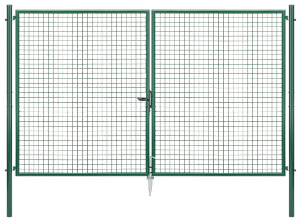 Welded mesh double gate, Material: raw steel, Surface: zinc phosphate plated, green powder-coated RAL 6005, for setting in concrete, Type: divided in the middle, Nominal width: 3000 mm, Clear width: 2968 mm, Frame width gate leaf: 1419 mm, Frame width second gate leaf: 1419 mm, Width from middle to middle of post: 3044 mm, Height: 2000 mm, Post length: 2500 mm, Post dia.: 76 mm, Frame thickness Ø: 42 mm, Filler material: 50 x 50 x 4 mm, 10-year warranty against rusting through