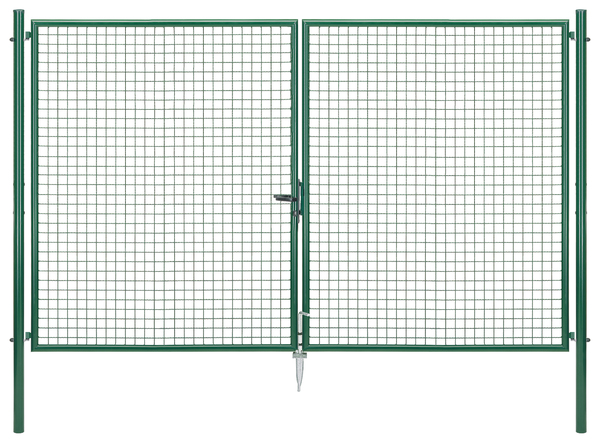 Wellengitter-Doppeltor, Material: Stahl roh, Oberfläche: zinkphosphatiert, grün kunststoffbeschichtet RAL 6005, zum Einbetonieren, Ausführung: mittig geteilt, Nennbreite: 3000 mm, lichte Breite: 2968 mm, Rahmenbreite Schließflügel: 1419 mm, Rahmenbreite Zweitflügel: 1419 mm, Breite von Mitte zu Mitte Pfosten: 3044 mm, Höhe: 2000 mm, Pfostenlänge: 2500 mm, Pfosten-Ø: 76 mm, Rahmenstärke-Ø: 42 mm, Material Füllung: 50 x 50 x 4 mm, 10 Jahre Garantie gegen Durchrosten