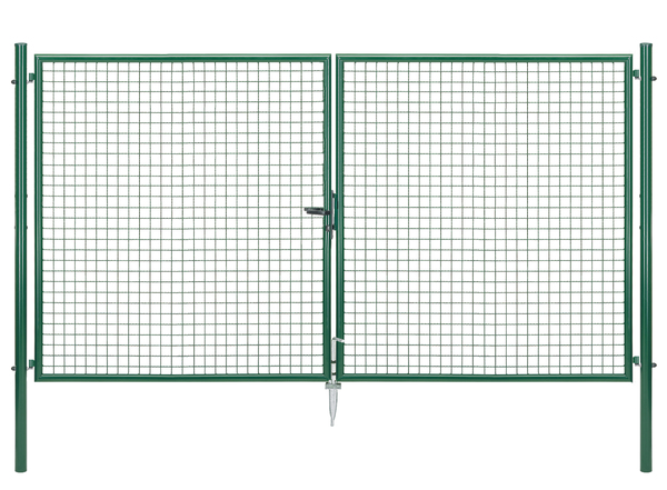 Welded mesh double gate, Material: raw steel, Surface: zinc phosphate plated, green powder-coated RAL 6005, for setting in concrete, Type: divided in the middle, Nominal width: 3000 mm, Clear width: 2928 mm, Frame width gate leaf: 1419 mm, Frame width second gate leaf: 1419 mm, Width from middle to middle of post: 3028 mm, Height: 1750 mm, Post length: 2250 mm, Post dia.: 60 mm, Frame thickness Ø: 42 mm, Filler material: 50 x 50 x 4 mm, 10-year warranty against rusting through