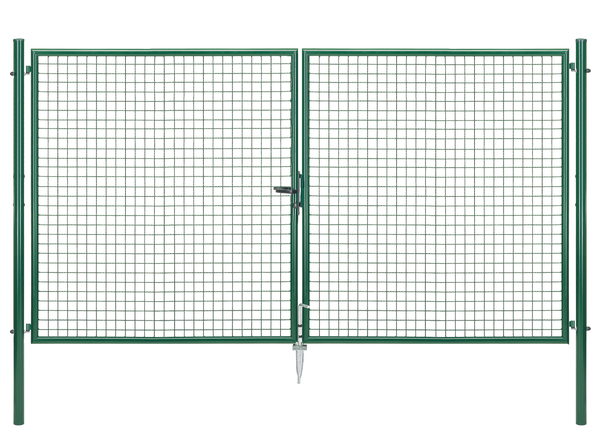 Wellengitter-Doppeltor, Material: Stahl roh, Oberfläche: zinkphosphatiert, grün kunststoffbeschichtet RAL 6005, zum Einbetonieren, Ausführung: mittig geteilt, Nennbreite: 3000 mm, lichte Breite: 2928 mm, Rahmenbreite Schließflügel: 1419 mm, Rahmenbreite Zweitflügel: 1419 mm, Breite von Mitte zu Mitte Pfosten: 3028 mm, Höhe: 1750 mm, Pfostenlänge: 2250 mm, Pfosten-Ø: 60 mm, Rahmenstärke-Ø: 42 mm, Material Füllung: 50 x 50 x 4 mm, 10 Jahre Garantie gegen Durchrosten