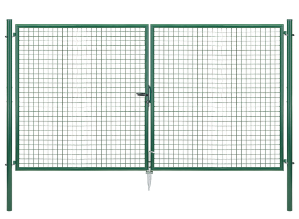 Wellengitter-Doppeltor, Material: Stahl roh, Oberfläche: zinkphosphatiert, grün kunststoffbeschichtet RAL 6005, zum Einbetonieren, Ausführung: mittig geteilt, Nennbreite: 3000 mm, lichte Breite: 2928 mm, Rahmenbreite Schließflügel: 1419 mm, Rahmenbreite Zweitflügel: 1419 mm, Breite von Mitte zu Mitte Pfosten: 3028 mm, Höhe: 1750 mm, Pfostenlänge: 2250 mm, Pfosten-Ø: 60 mm, Rahmenstärke-Ø: 42 mm, Material Füllung: 50 x 50 x 4 mm, 10 Jahre Garantie gegen Durchrosten