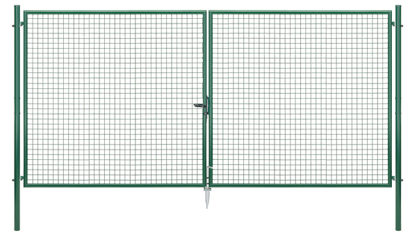Welded mesh double gate, Material: raw steel, Surface: zinc phosphate plated, green powder-coated RAL 6005, for setting in concrete, Type: divided in the middle, Nominal width: 4000 mm, Clear width: 3968 mm, Frame width gate leaf: 1919 mm, Frame width second gate leaf: 1919 mm, Width from middle to middle of post: 4044 mm, Height: 2000 mm, Post length: 2500 mm, Post dia.: 76 mm, Frame thickness Ø: 42 mm, Filler material: 50 x 50 x 4 mm, 10-year warranty against rusting through